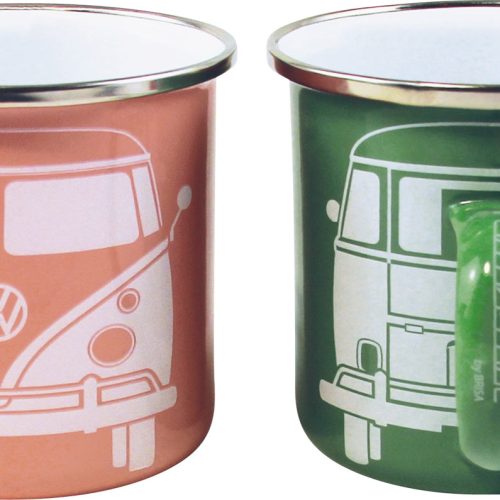 VW Collection T1 Bus Emaille Tassen Set 2 Stück 350 ml Grün / Rosa - Becher und Tassen