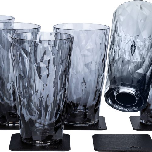 silwy®  Longdrink Magnet-Kunststoffgläser inkl. metallische Gel-Untersetzer 6 Stück Grau (300 ml) - Gläser