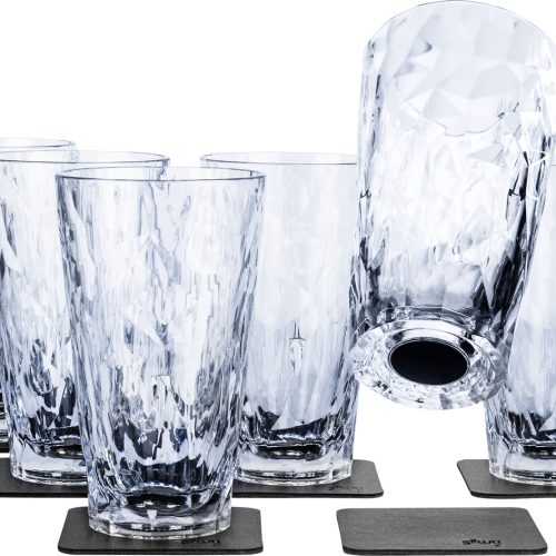 silwy® Longdrink Magnet-Kunststoffgläser inkl. metallische Gel-Untersetzer 6 Stück Transparent (300 ml) - Gläser