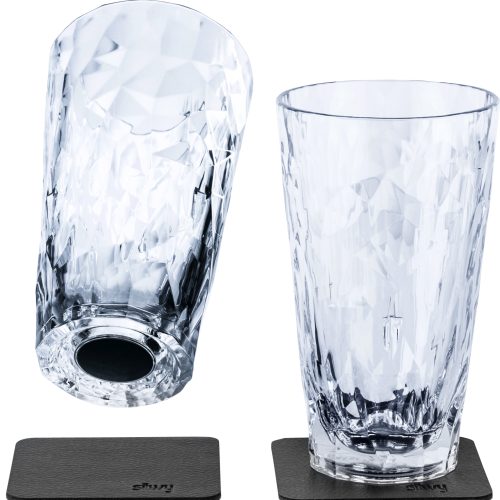 silwy® Magnet-Longdrink-Kunststoffgläser Transparent inkl. metallischem Gel-Untersetzer 2 Stk. (300 ml) - Gläser
