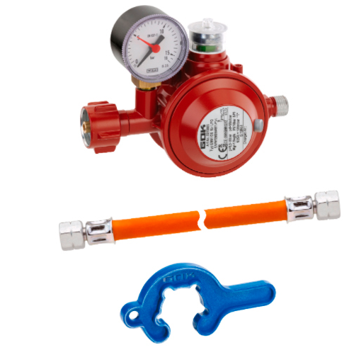 GOK Einflaschenanlage für Kleinflaschen Regl.-Schl.-Set EN61-DS t 1,5kg/h 50mb KLF auf Überwurfmutter G1/4LH  - Gasregler & Gasschläuche