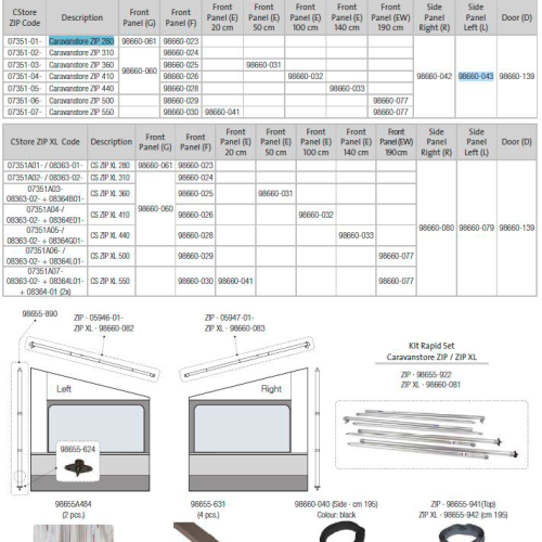 Fiamma Seitenwand links für Markise Caravanstore ZIP 280 - 550 - Fiamma Ersatzteilnummer 98660-043 - Ersatzteile Zelte & Markisen