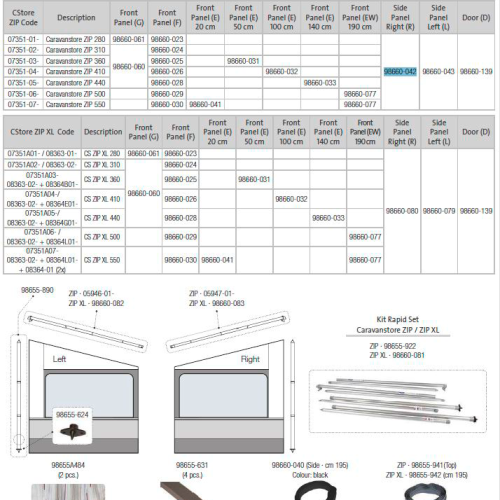 Fiamma Seitenwand rechts für Markise Caravanstore ZIP 280-550 - Fiamma Ersatzteilnummer 98660-042 - Ersatzteile Zelte & Markisen