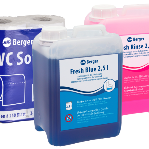 Berger Sanitär Set 3-teilig inkl. Fresh Blue 2,5 l + Fresh Rinse 2,5 l + WC Soft Toilettenpapier - Sanitärzusätze & -flüssigkeiten