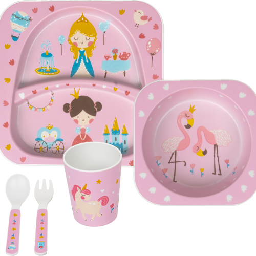 Berger Menina Kinder Geschirr-Set 5-tlg. Teller, Schale, Becher, Löffel, Gabel - Kunststoff und Melamin Geschirr-Sets