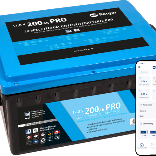 Berger LiFePO4 Lithium Untersitz-Batterie  Pro 200 Ah 12 V mit Bluetooth & Heizung - Fahrzeug-Batterien