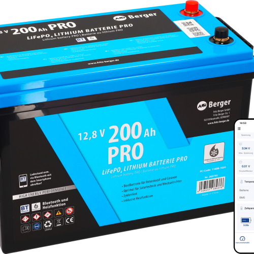 Berger LiFePO4 Lithium Batterie Pro 200 Ah 12 V mit Bluetooth & Heizung - Fahrzeug-Batterien