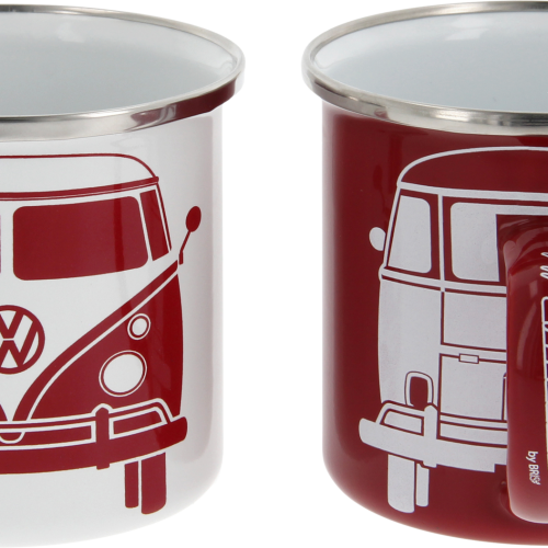 VW Collection T1 Bus Emaille Tassen Set 2 Stück 350 ml Weiß / Rot - Becher und Tassen