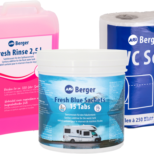 Berger Sanitär Set 3-teilig inkl. Fresh Blue Sachets + Fresh Rinse 2,5 l + WC Soft Toilettenpapier - Sanitärzusätze & -flüssigkeiten