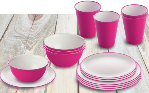 Omada Essgeschirr-Set mit Müslischüssel 16-tlg. fuchsia für 4 Personen - Kunststoff und Melamin Geschirr-Sets