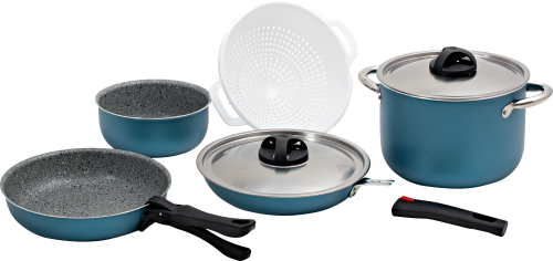 Berger Stone Topfset blau-matt aus Aluminium 8-tlg. abnehmbare Griffe - Kochgeschirr-Sets
