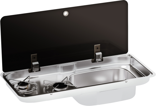 CAN 2 flammiger Gaskocher und Spüle mit 1 teiliger Glasabdeckung 766 x 354 x 150 mm - Gaskocher