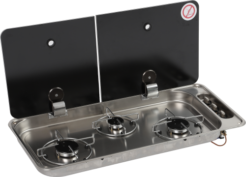 CAN 3-flammiger Gaskocher 716 x 340 x 110 mm mit zweiteiliger Glasabdeckung - Gaskocher