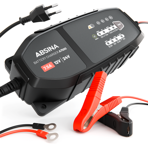 Absina vollautomatisches 10-Stufen-Ladegerät A7500 mit einstellbarem Ladestrom für Fahrzeuge 12 V / 24 V / 3,75 - 7,5 A - Batterie-Ladegeräte