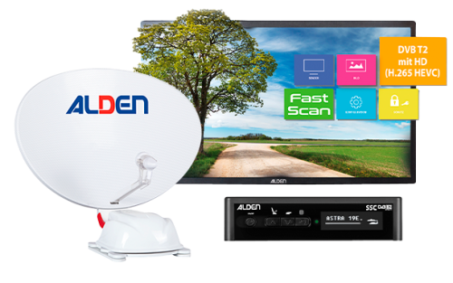 Alden AS2 80 HD vollautomatische Satellitenanlage Single-LNB Ultrawhite inkl. S.S.C. HD-Steuermodul und Ultrawide LED TV 22 Zoll - Camping-Sat-Anlagen