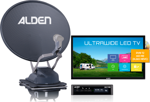 Alden Onelight 60 HD EVO vollautomatische Sat-Anlage mit Ultrawide LED Fernseher 19 Zoll Platinum - Camping-Sat-Anlagen