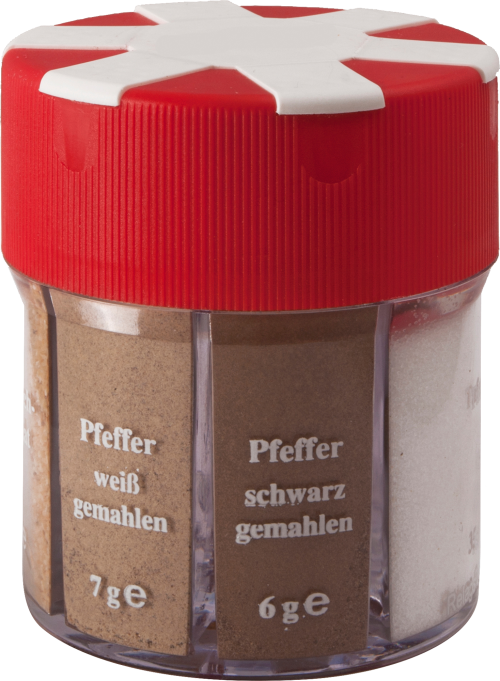 BasicNature 6in1 Gewürzstreuer mit Salz, Pfeffer weiß / schwarz, Paprika, Curry & Knoblauch - Gewürzstreuer & Flüssigkeitsspender von Basic Nature