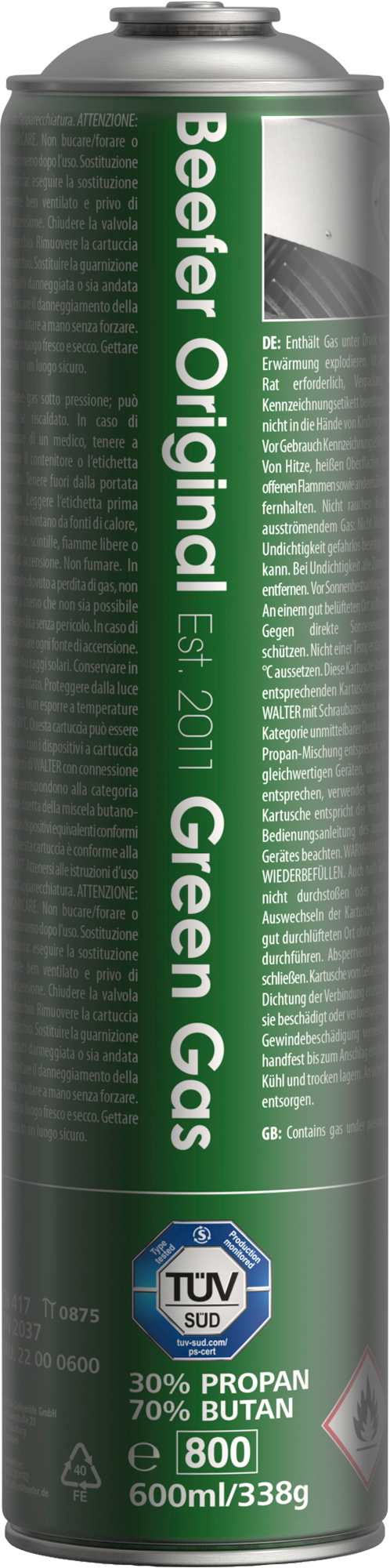 Beefer Green Gas Propangas-Kartusche 600 ml 1er Set geeignet für Beefer One Travel  - Gaskartuschen