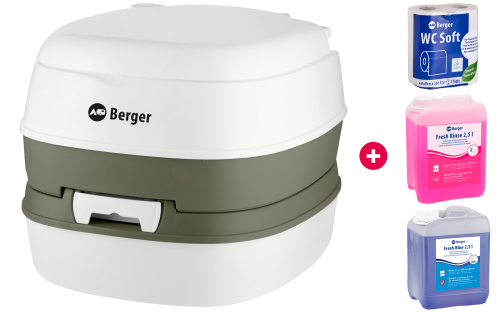 Berger Comfort Mobil WC Starter Set mit Campingtoilette, Toilettenpapier und Sanitärflüssigkeiten - Chemietoiletten