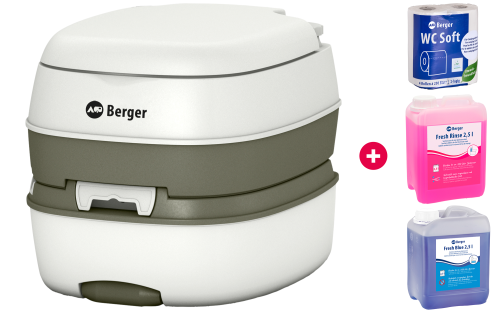 Berger Deluxe Mobil WC Starter Set mit Campingtoilette, Toilettenpapier und Sanitärflüssigkeiten - Chemietoiletten