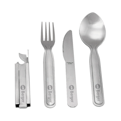 Berger Edelstahl Besteckset im Etui mit Dosenöffner silber 4-tlg. - Trekkinggeschirr