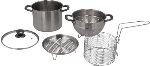 Berger Gravura Edelstahl Topfset 5-tlg. mit Sieb, Dämpfeinsatz und Frittierkorb - Camping-Töpfe