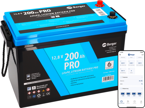Berger LiFePO4 Lithium Batterie Pro 200 Ah 12V mit Bluetooth & Heizung - Fahrzeug-Batterien