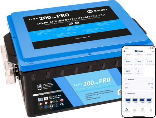 Berger LiFePO4 Lithium Untersitz Batterie Pro 200 Ah 12V mit Bluetooth & Heizung - Fahrzeug-Batterien