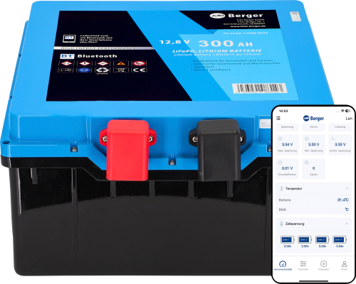 Berger LiFePO4 Lithium Untersitz Batterie Pro 300 Ah 12V mit Bluetooth & Heizung - Fahrzeug-Batterien
