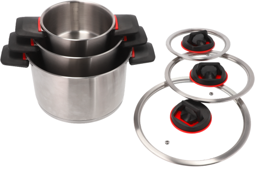 Berger RedSilva Edelstahl Topfset 6-tlg. mit klappbaren Griffen und Glasdeckeln - Kochgeschirr-Sets