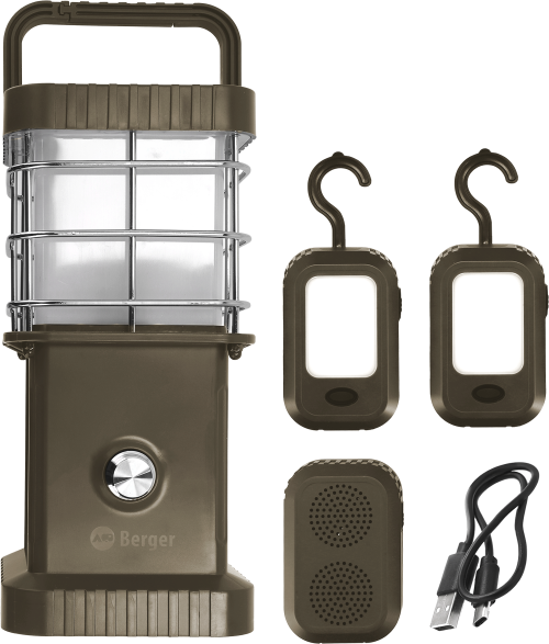 Berger Samar Campinglaterne inkl. Powerbank, abnehmbarer Seitenleuchten und Bluetooth Lautsprecher - LED Campingleuchten