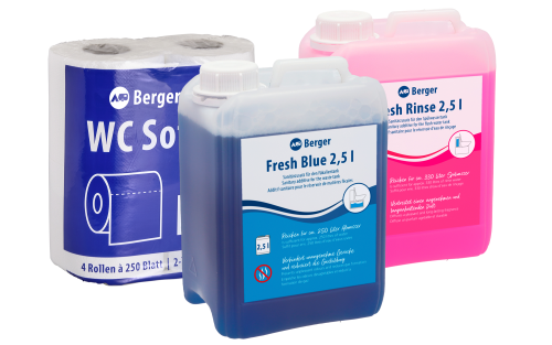 Berger Sanitär Set 3-teilig inkl. Fresh Blue 2,5 l + Fresh Rinse 2,5 l + WC Soft Toilettenpapier - Sanitärzusätze & -flüssigkeiten