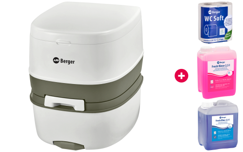 Berger Supreme Mobil WC Starter Set mit Campingtoilette, Toilettenpapier und Sanitärflüssigkeiten - Chemietoiletten
