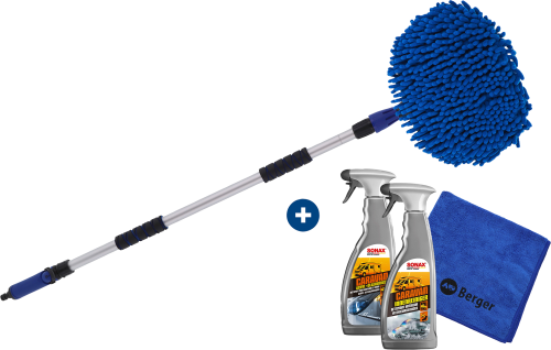 Berger Waschbürsten Set 4-teilig inkl. Mikrofasertuch, Sonax Innenreiniger & Sonax Acryl- und Glasreiniger - Bürsten, Schwämme, Tücher