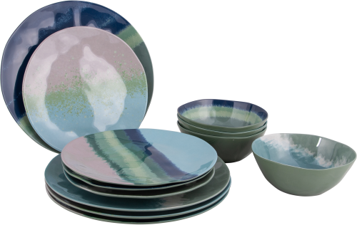 Bo-Camp Halo Geschirrset 12 teilig blau / grün  - Kunststoff und Melamin Geschirr-Sets