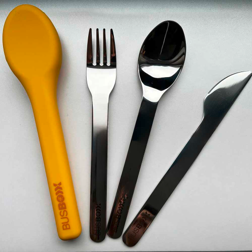 BusBoxx Besteckset 3-teilig mit elastischer Hülle bestehend aus Messer / Gabel / Löffel gelb - Campingbesteck