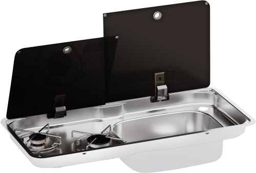 CAN 2 flammiger Gaskocher und Spüle mit 2 teiliger Glasabdeckung 766 x 354 x 150 mm - Gaskocher