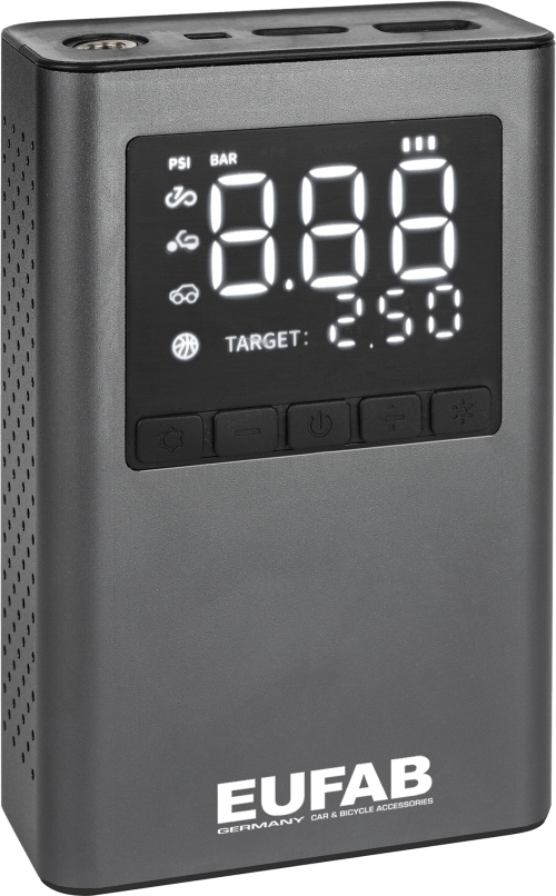 Eufab batteriebetriebener Mini Kompressor mit integrierter Powerbank 800 mAh - Outdoor Mobilität