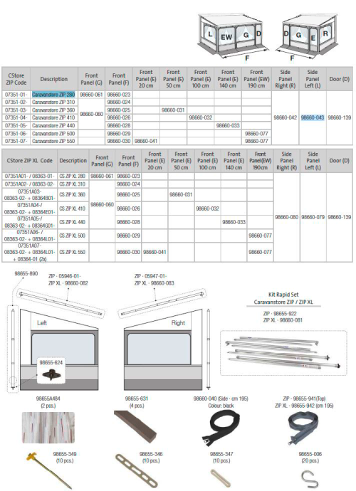 Fiamma Seitenwand links für Markise Caravanstore ZIP 280 - 550 - Fiamma Ersatzteilnummer 98660-043 - Ersatzteile Zelte & Markisen