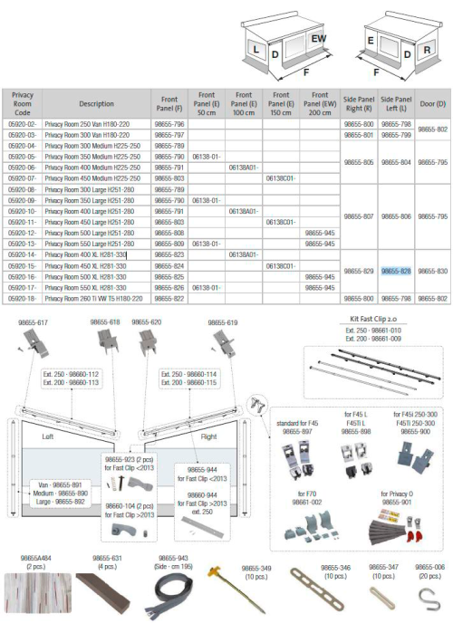 Fiamma Seitenwand links für Markise Privacy Room F45 400 - 550 XL H281-330  - Fiamma Ersatzteilnummer 98655-828 - Ersatzteile Zelte & Markisen