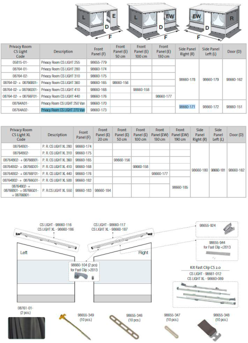 Fiamma Seitenwand rechts für Markise Privacy Room CS Light 250-270 Van - Fiamma Ersatzteilnummer 98660-171 - Ersatzteile Zelte & Markisen