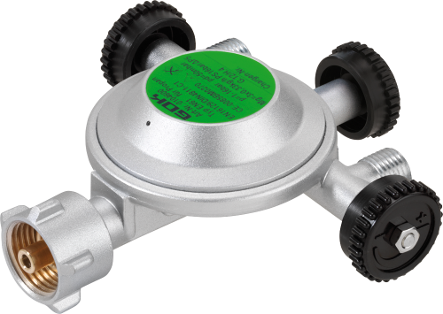 GOK EN61 Niederdruckregler KLF auf G1/4LH-KN Ausgangsseitig mit 3 Abgängen 50 mbar - Camping-Gasdruckregler