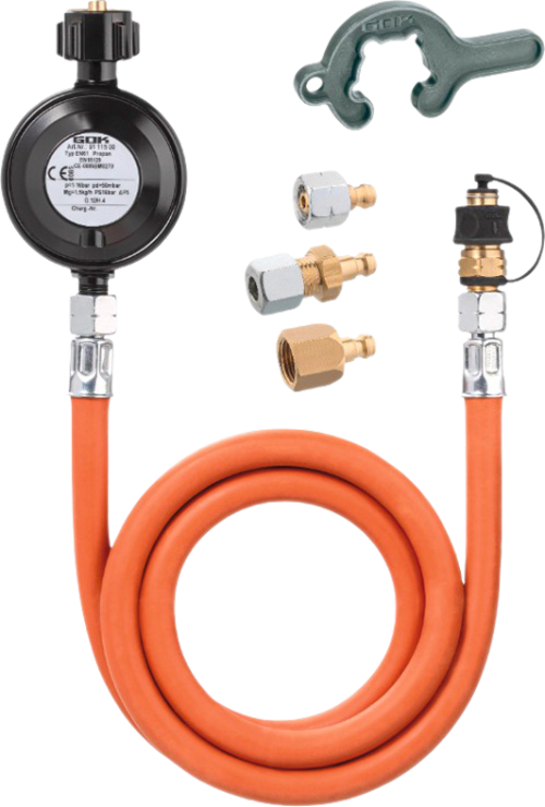 GOK Regler-Schlauchleitung-Set EN61 1,5kg/h 50mbar KLFxSKUx1500 und Steckn.3St - Camping-Gasdruckregler