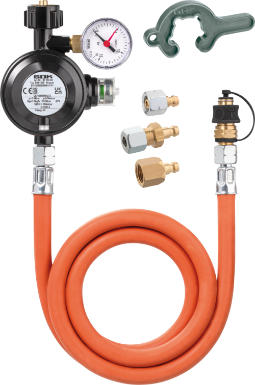 GOK Regler-Schlauchleitung-Set EN61-DS 1,5kg/h 50mbar KLFxSKUx1500 und Steckn. 3St - Camping-Gasdruckregler