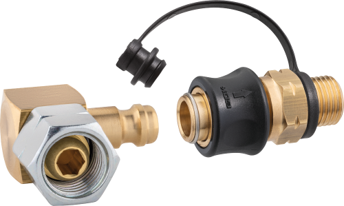 GOK Steckkupplung-Set Typ SKU-QR zum Verbinden von Schlauchleitungen mit mobilen Gasgeräten G 1/4 LH-KN auf  SKU und STN x G 1/4 LH-ÜM 90° - Gasadapter und -kupplung