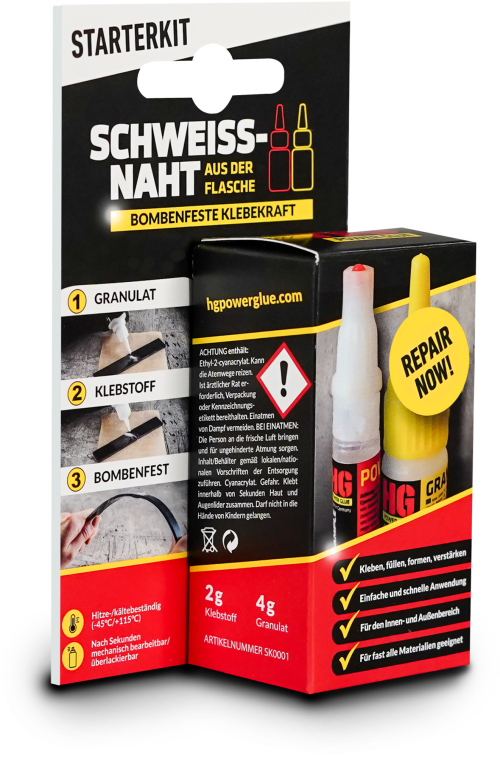HGPower Glue Schweißnaht aus der Flasche Klebstoff Reparaturset 2-teilig Starter 2 g Kleber und 4 g Granulat - Zeltreparatur von HG Power Glue