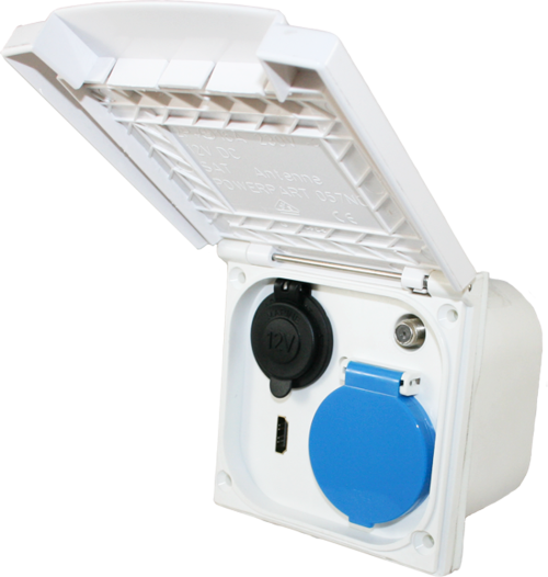 Haba ESB Außensteckdose Multifunktion mit Klappdeckel 12 V / 230 V / HDMI / Satellit Farbe Weiß - 12 / 24 V Einbausteckdosen