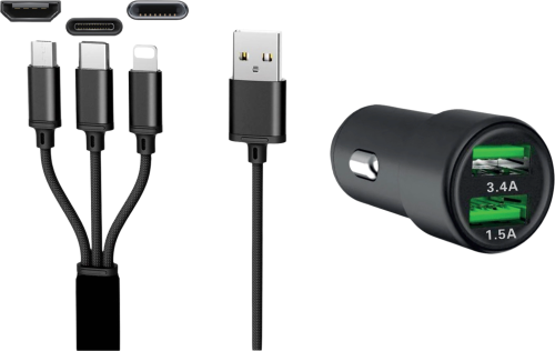 IWH Dual 3 in 1 USB Ladegerät für Autos 3 Anschlüsse 1,2 Meter - 12 / 24 V Adapter & Kupplung