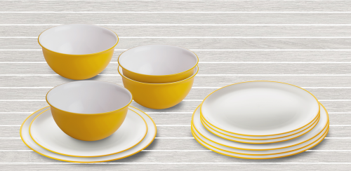 Omada Essgeschirr-Set mit Müslischüssel 12-tlg. gelb für 4 Personen - Kunststoff und Melamin Geschirr-Sets