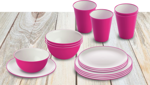 Omada Essgeschirr-Set mit Müslischüssel 16-tlg. fuchsia für 4 Personen - Kunststoff und Melamin Geschirr-Sets